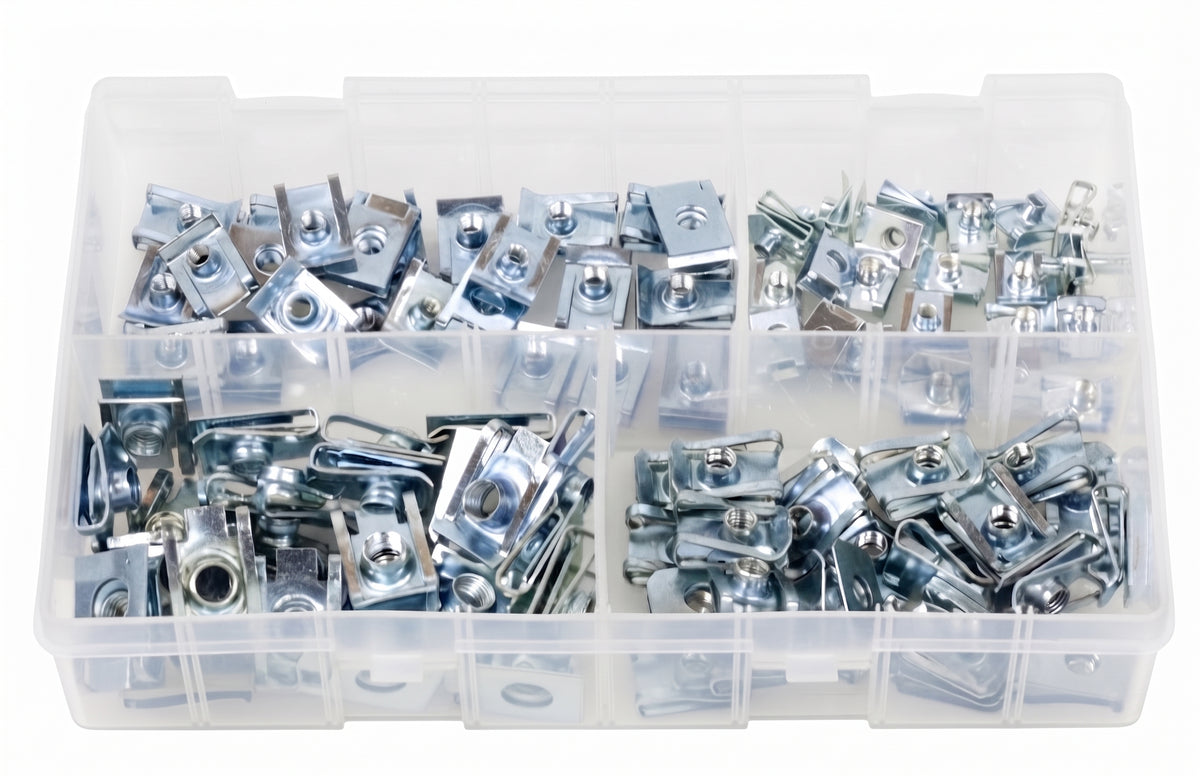 100pc Assorted Chimney Nuts Box - BZP Spire Clips, M4 to M8