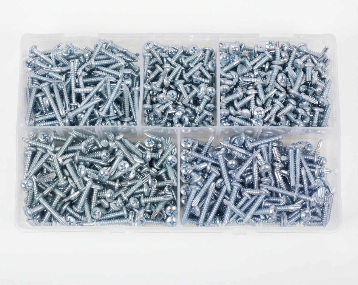 1200pc Assorted Self Drilling Screws Box - BZP Pozi Pan, 6 to 8 Gauge