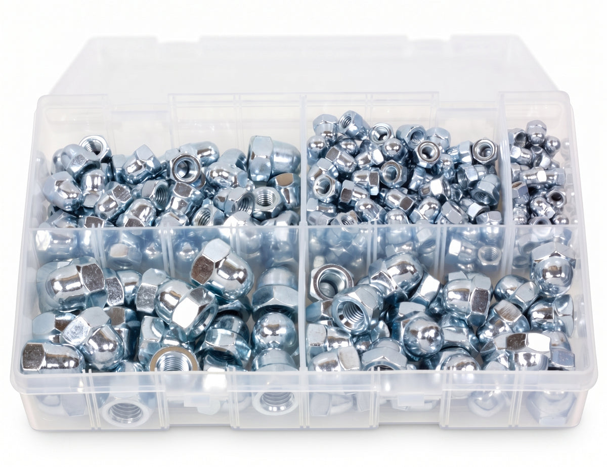 250pc Assorted Dome Nuts Box - BZP Steel, M5 to M12