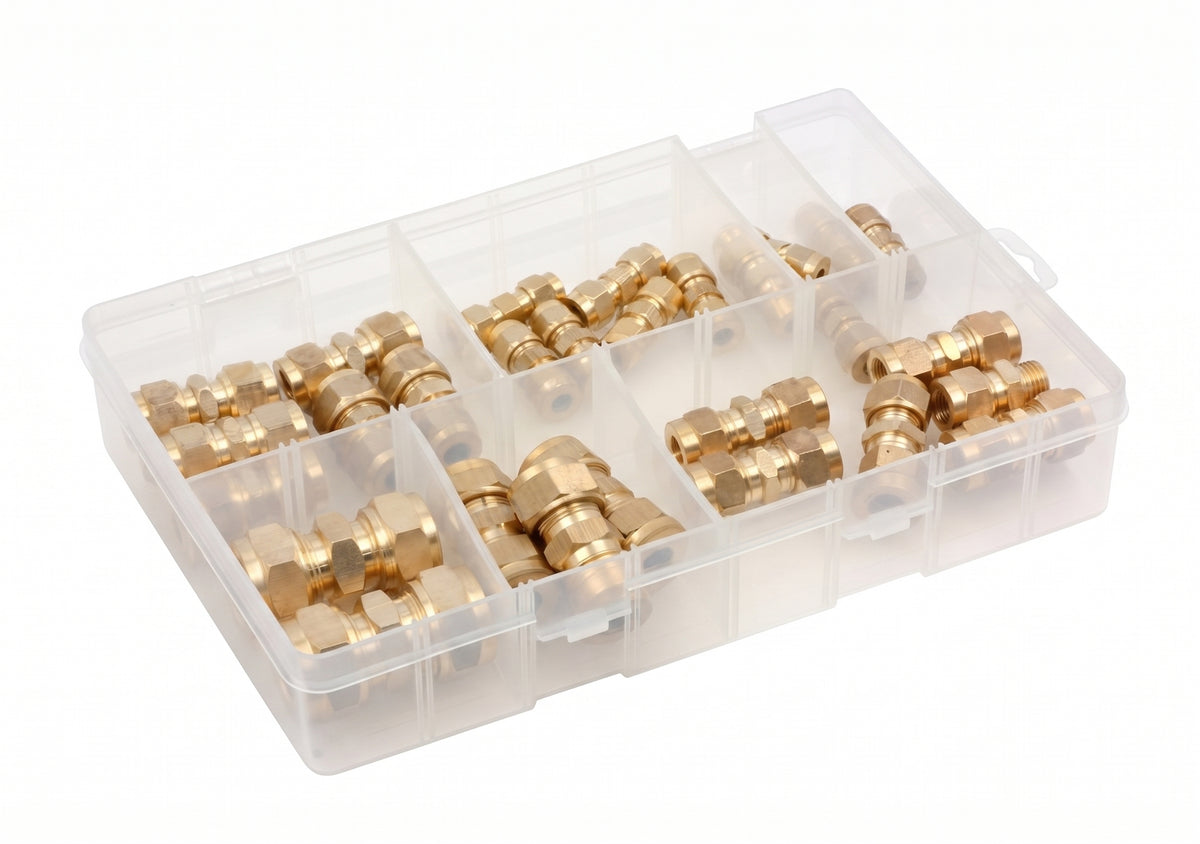 28pc Assorted Brass Compression Couplings Box - Imperial, 1/8in to 1/2in