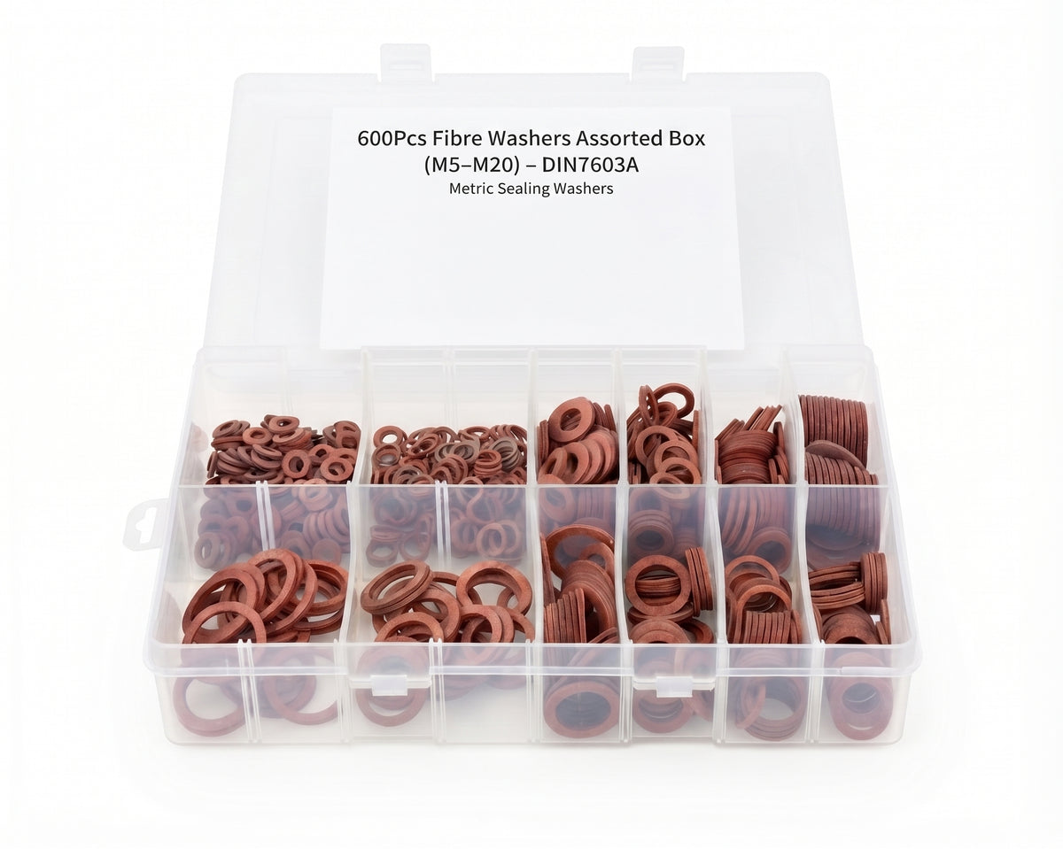 610pc Assorted Fibre Washers Box - Red Sealing Washers, 12 Sizes