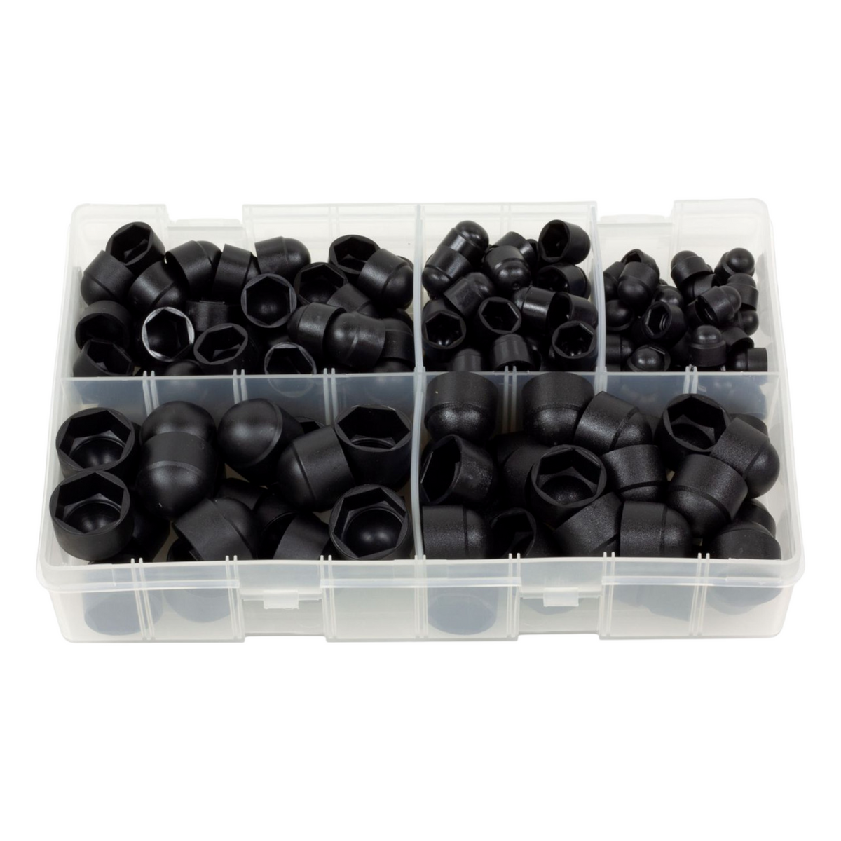 200pc Assorted Nut Caps Box - Black Plastic, M5 to M12