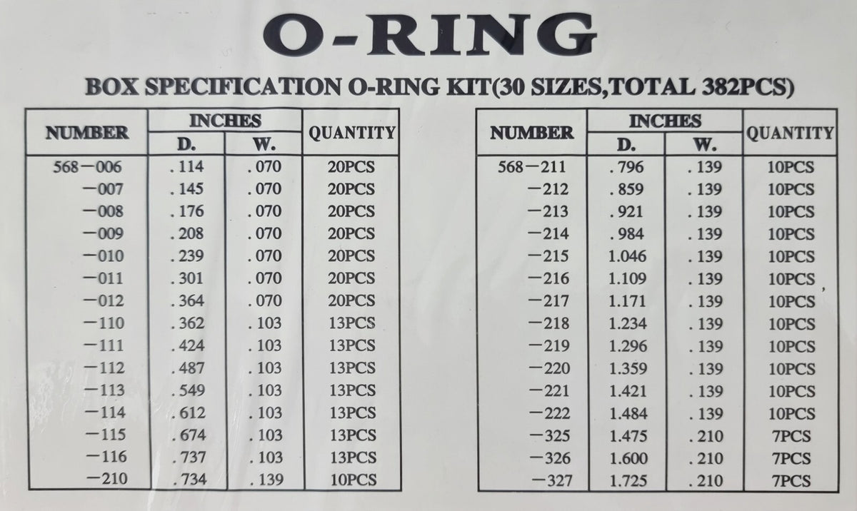 382pc Assorted O Ring Kit - Imperial AS568, 30 Sizes