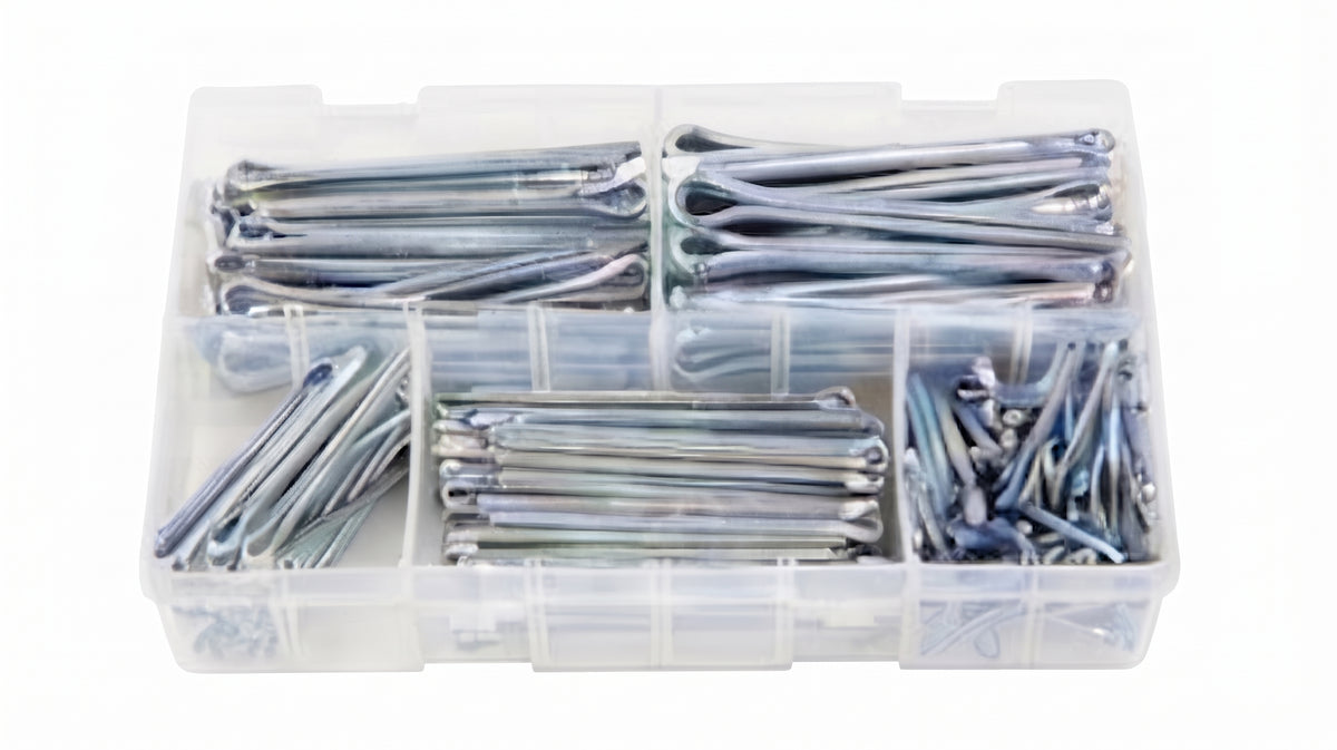 1000pcs Assorted Split Pins Set – Standard Sizes 1/16" to 5/32" | Bright Zinc Plated | Partitioned Box
