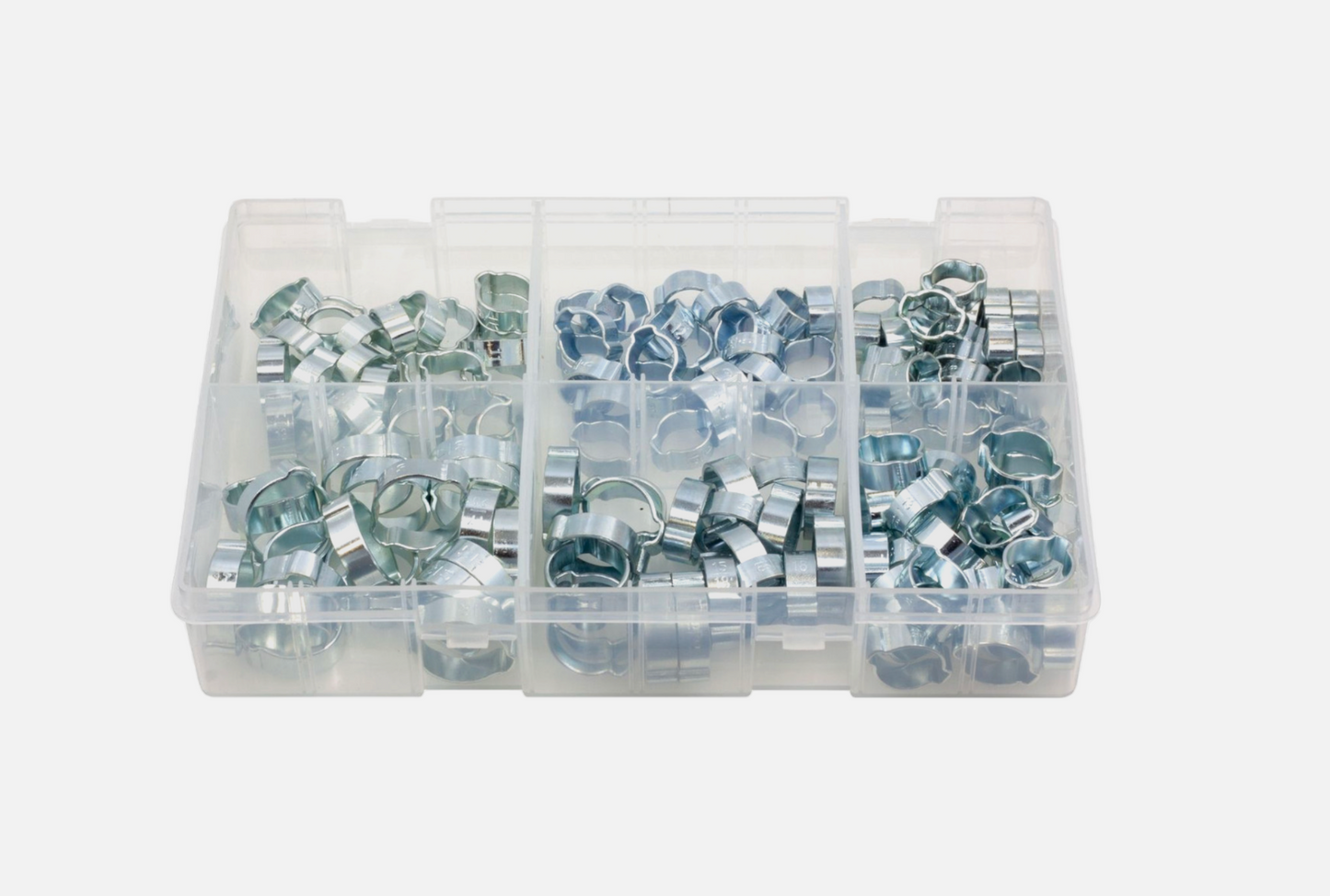 140pcs Assorted Box of O Clips – Double Ear Clamp Hose Clips 8–20mm | 140 x O Clips