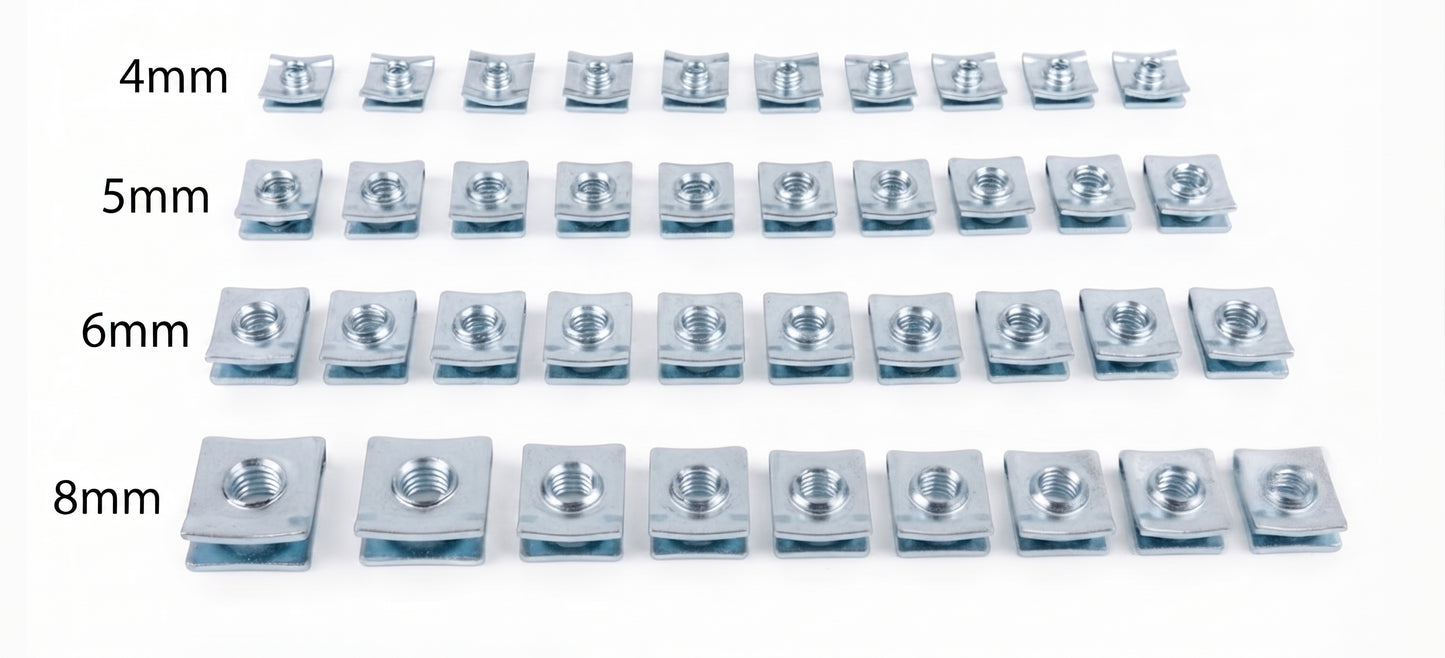 100Pc Assorted Chimney Nut Clips Set – 4mm 5mm 6mm 8mm Bright Zinc Plated U Nuts Speed Fasteners Box