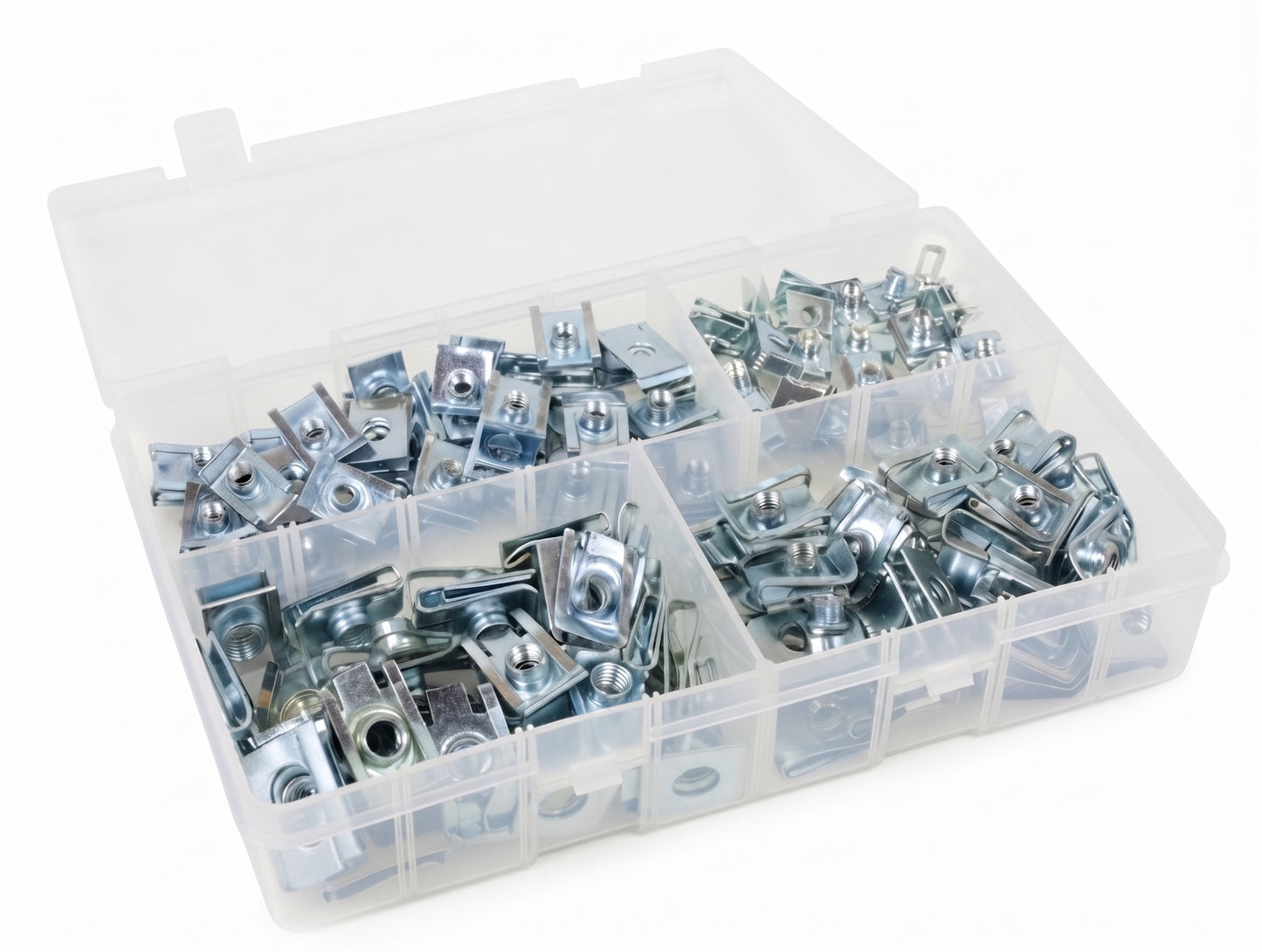 100Pc Assorted Chimney Nut Clips Set – 4mm 5mm 6mm 8mm Bright Zinc Plated U Nuts Speed Fasteners Box