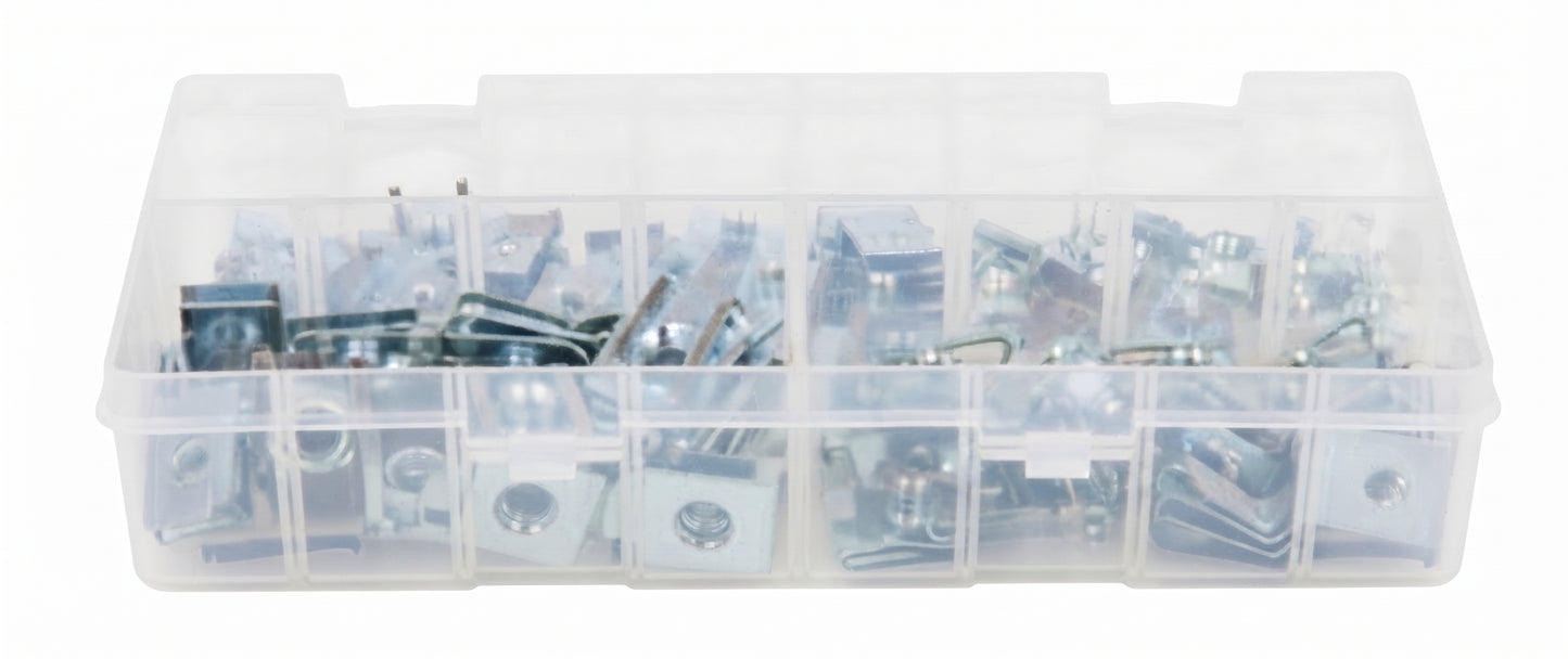 100Pc Assorted Chimney Nut Clips Set – 4mm 5mm 6mm 8mm Bright Zinc Plated U Nuts Speed Fasteners Box
