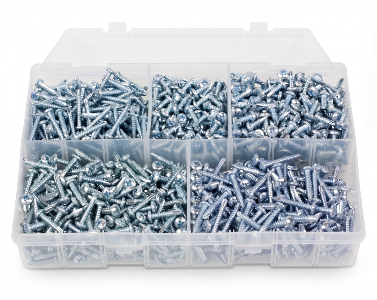 1200pc Assorted Self Drilling Screws Box - BZP Pozi Pan, 6 to 8 Gauge