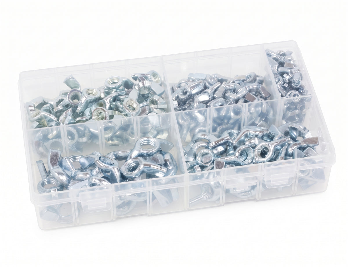 200pc Assorted Wing Nuts Box - BZP Steel, M5 to M12