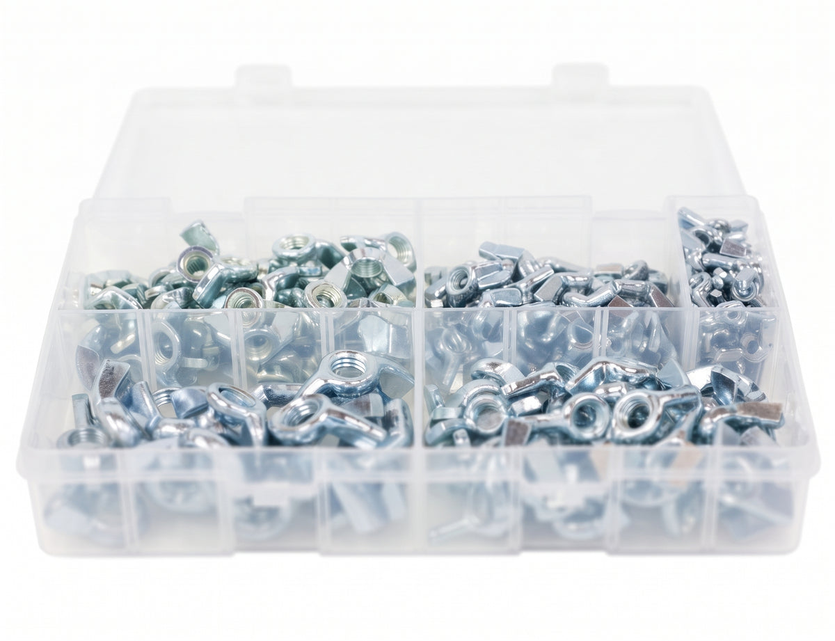 200pc Assorted Wing Nuts Box - BZP Steel, M5 to M12