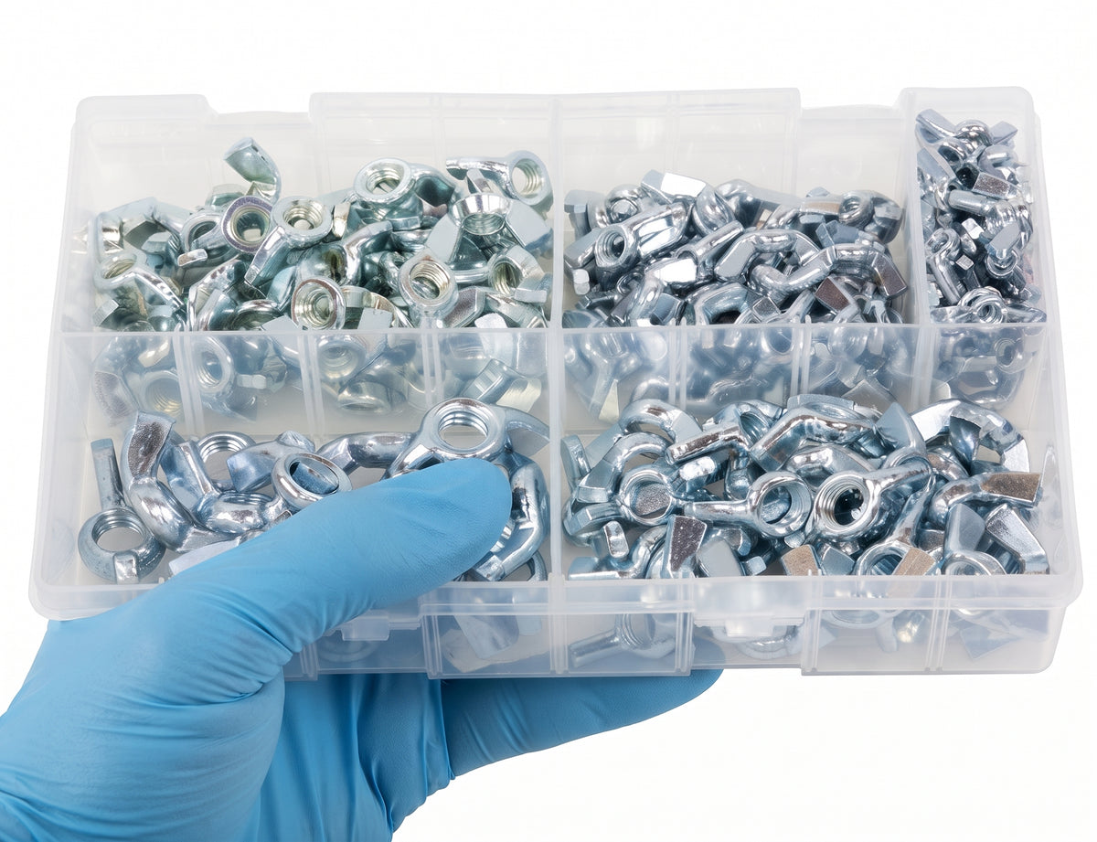200pc Assorted Wing Nuts Box - BZP Steel, M5 to M12