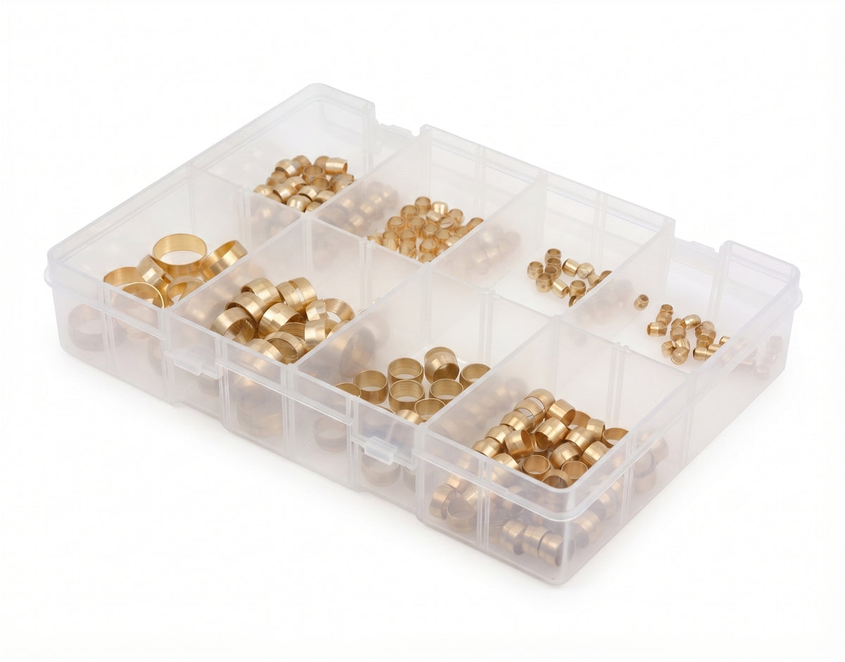 200pc Assorted Brass Olives Box - Imperial, 1/8 to 5/8 Inch Pipe