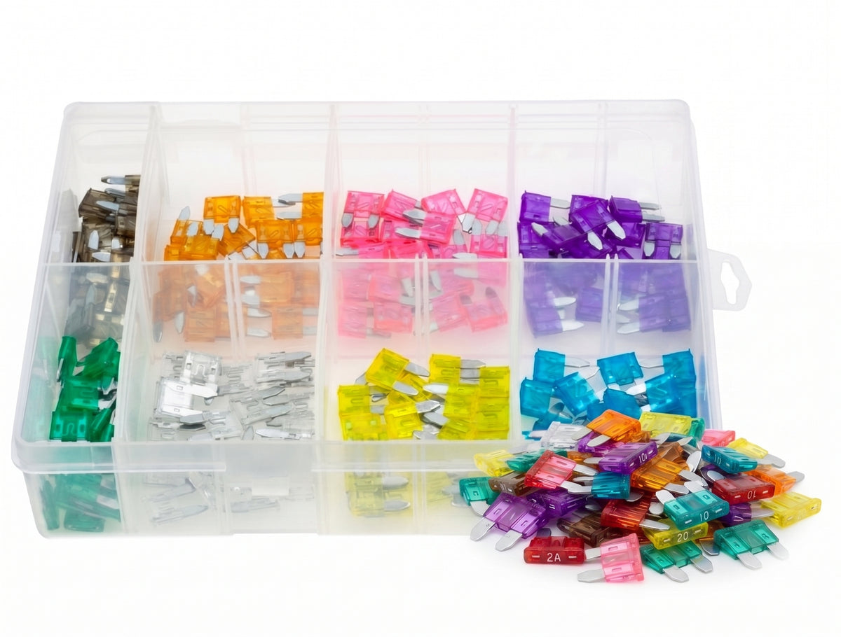 200pc Assorted Mini Blade Fuse Box - 2A to 30A
