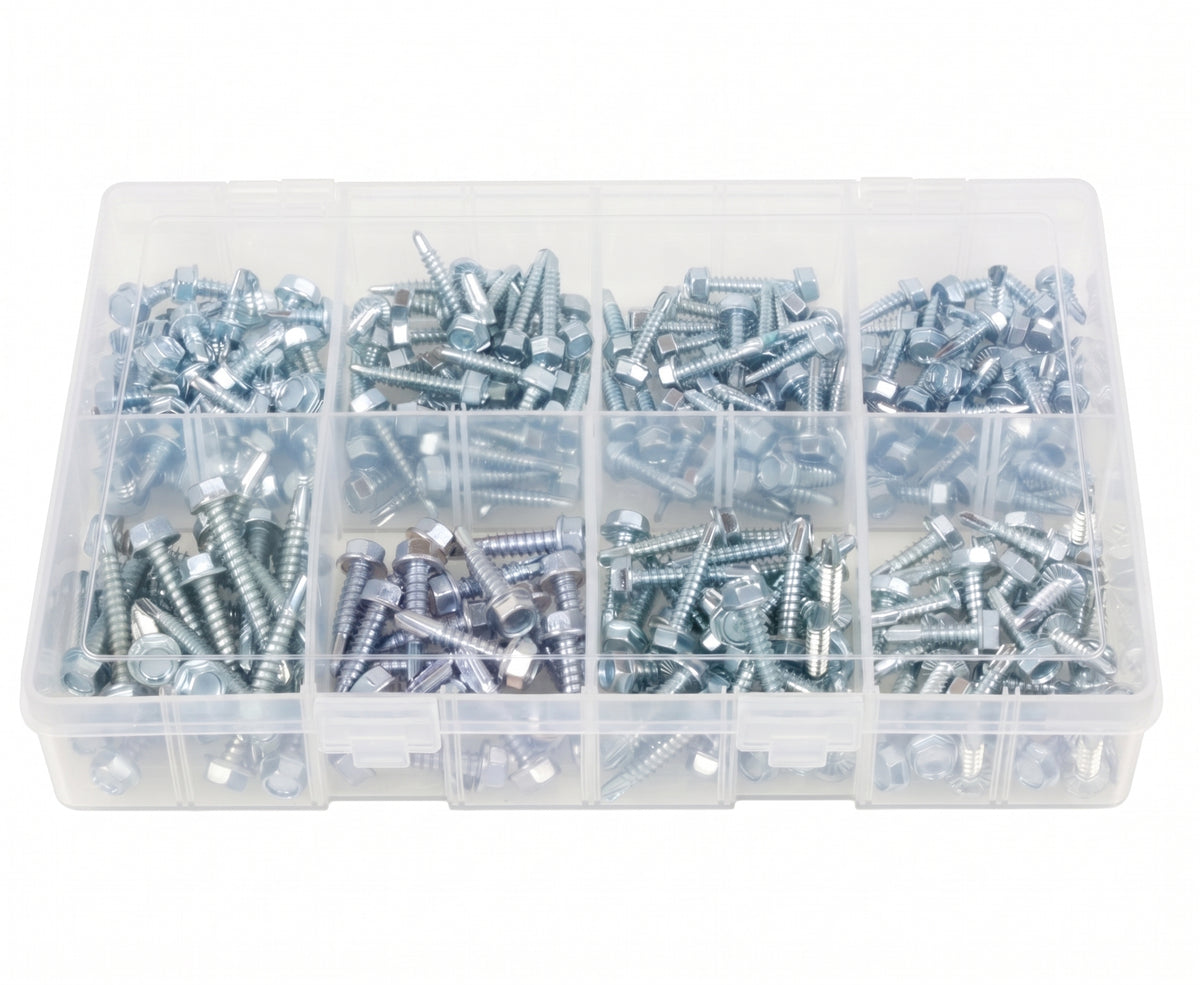 240pc Assorted Self Drilling Tek Screws Box - Hex Head, No 8, 10 & 12