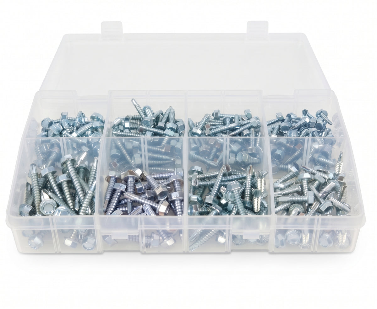 240pc Assorted Self Drilling Tek Screws Box - Hex Head, No 8, 10 & 12