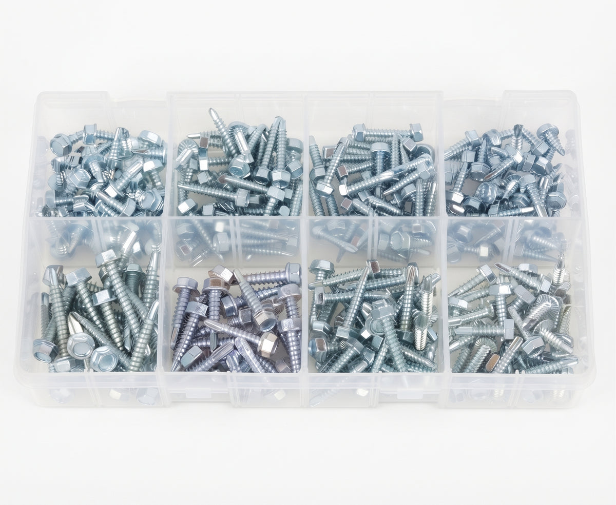 240pc Assorted Self Drilling Tek Screws Box - Hex Head, No 8, 10 & 12