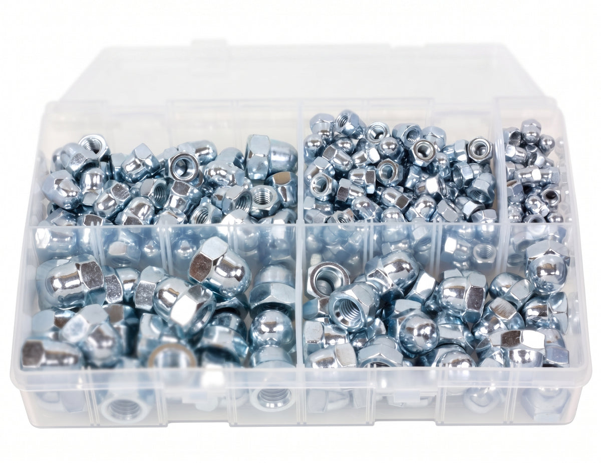 250pc Assorted Dome Nuts Box - BZP Steel, M5 to M12
