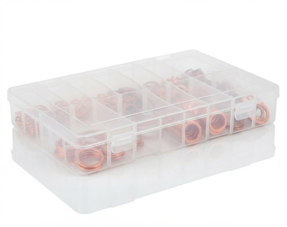 220pc Assorted Copper Sealing Washers Box - 12 Sizes, BSP & Imperial