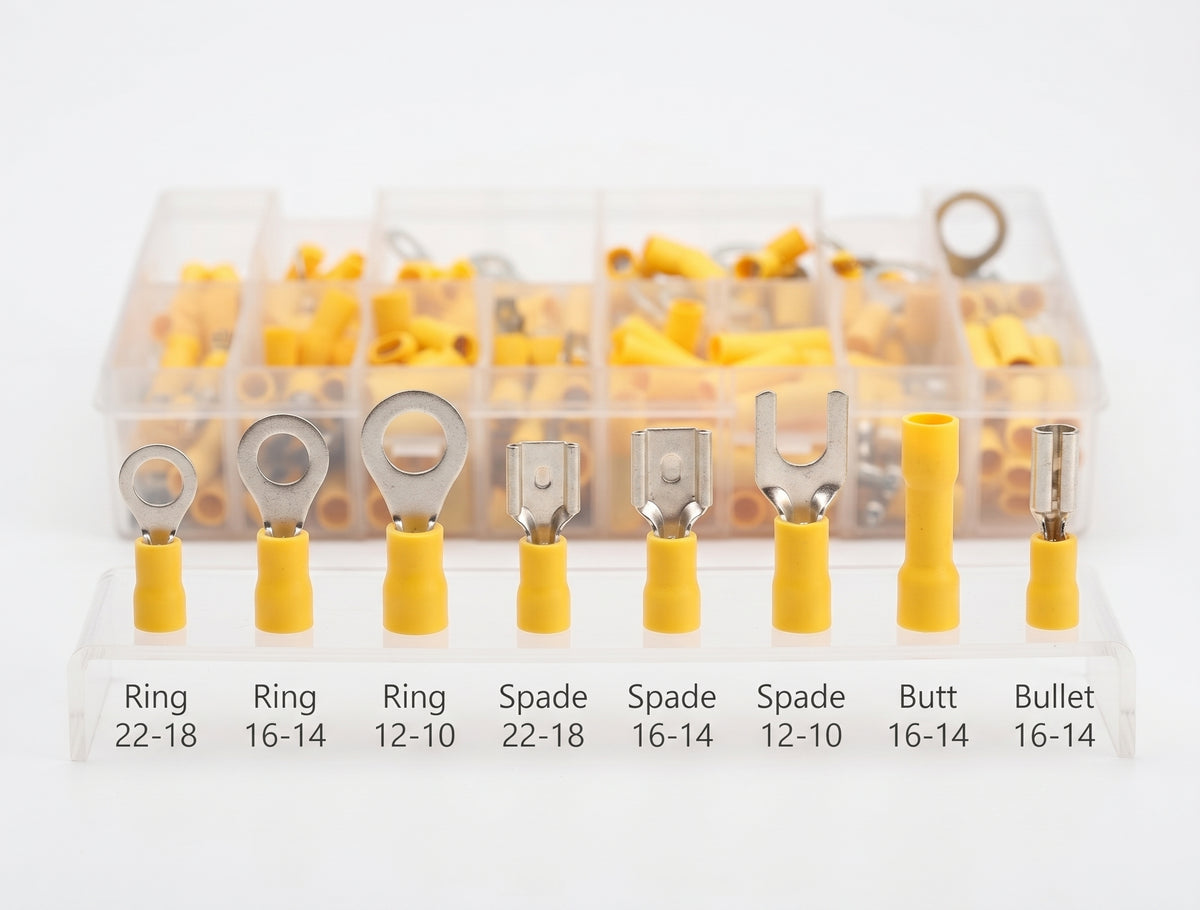 260pc Assorted Yellow Crimp Terminals Box - 3 to 6mm Cable