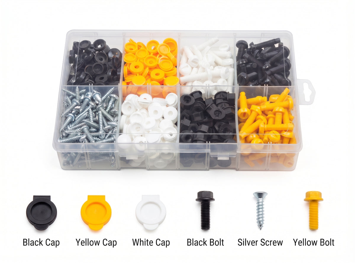 600pc Number Plate Fasteners Box - Flip Top Caps, Screws & Nut Screws