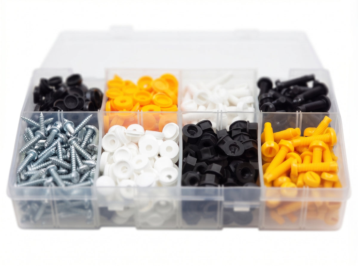 600pc Number Plate Fasteners Box - Flip Top Caps, Screws & Nut Screws