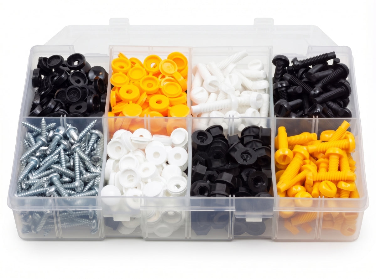 600pc Number Plate Fasteners Box - Flip Top Caps, Screws & Nut Screws