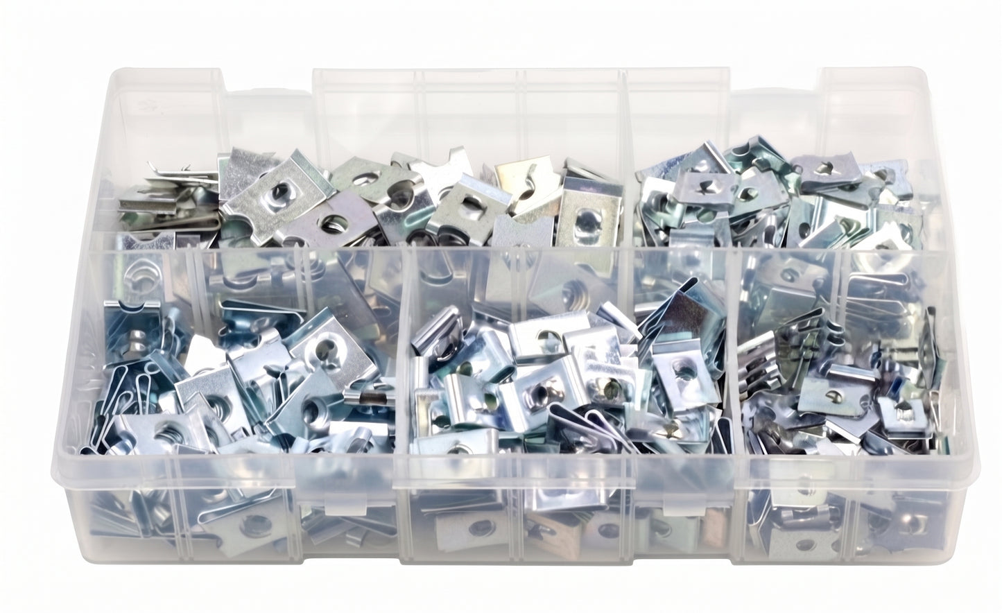 300Pcs Assorted Speed / Spire Fasteners U-Clips Box – Sizes No.6 to No.14 ZP | Partitioned Storage Case