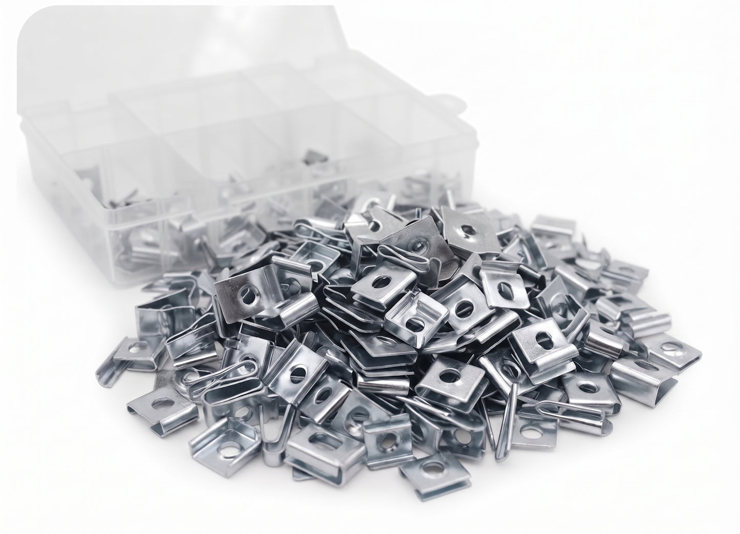 300Pcs Assorted Speed / Spire Fasteners U-Clips Box – Sizes No.6 to No.14 ZP | Partitioned Storage Case