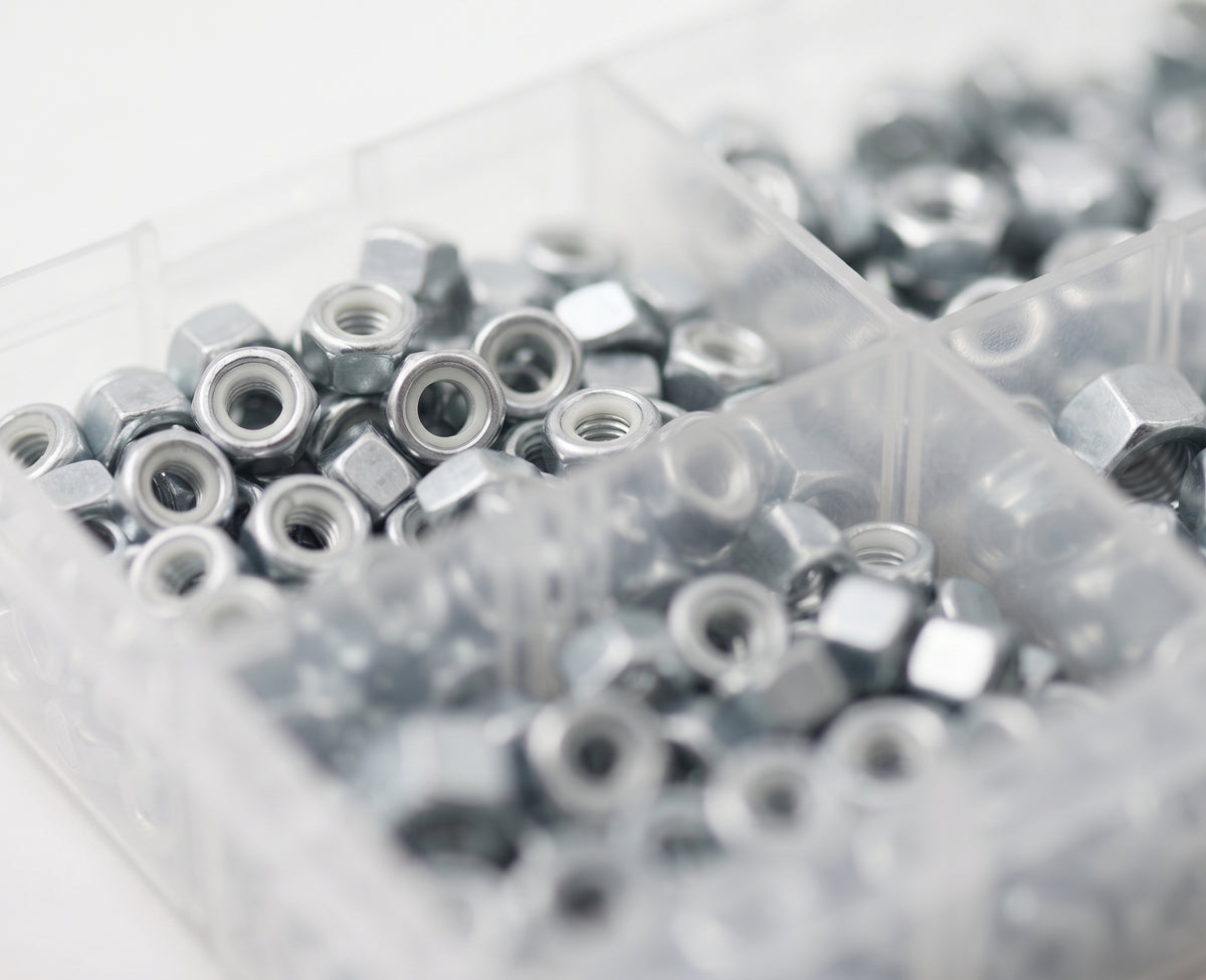 325pc Assorted UNF Nyloc Nuts Box - 1/4 to 1/2 Inch