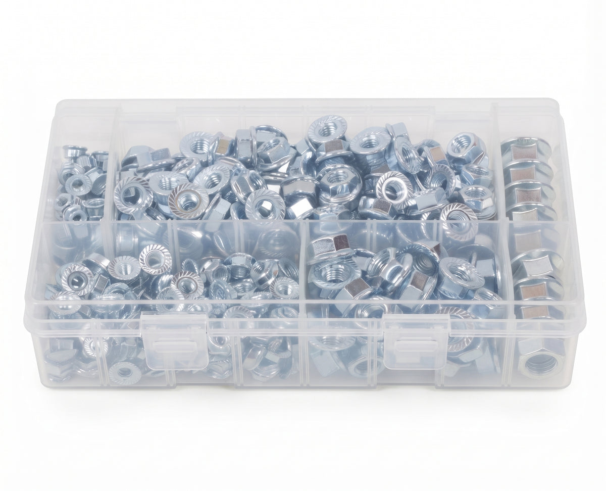 370pc Assorted Flanged Nuts Box - Metric M5 to M12