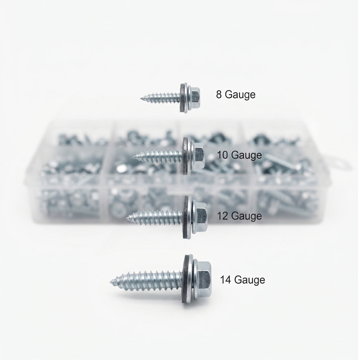 400pc Assorted Hex Head Self Tapping Screws Box - BZP, 8 to 14 Gauge x 3/4in
