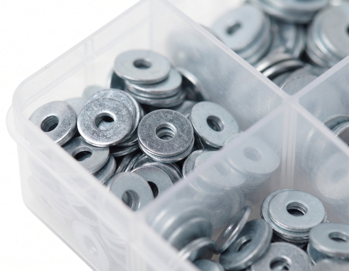 1000pc Assorted Flat Washers Box - BZP Metric, M5 to M12