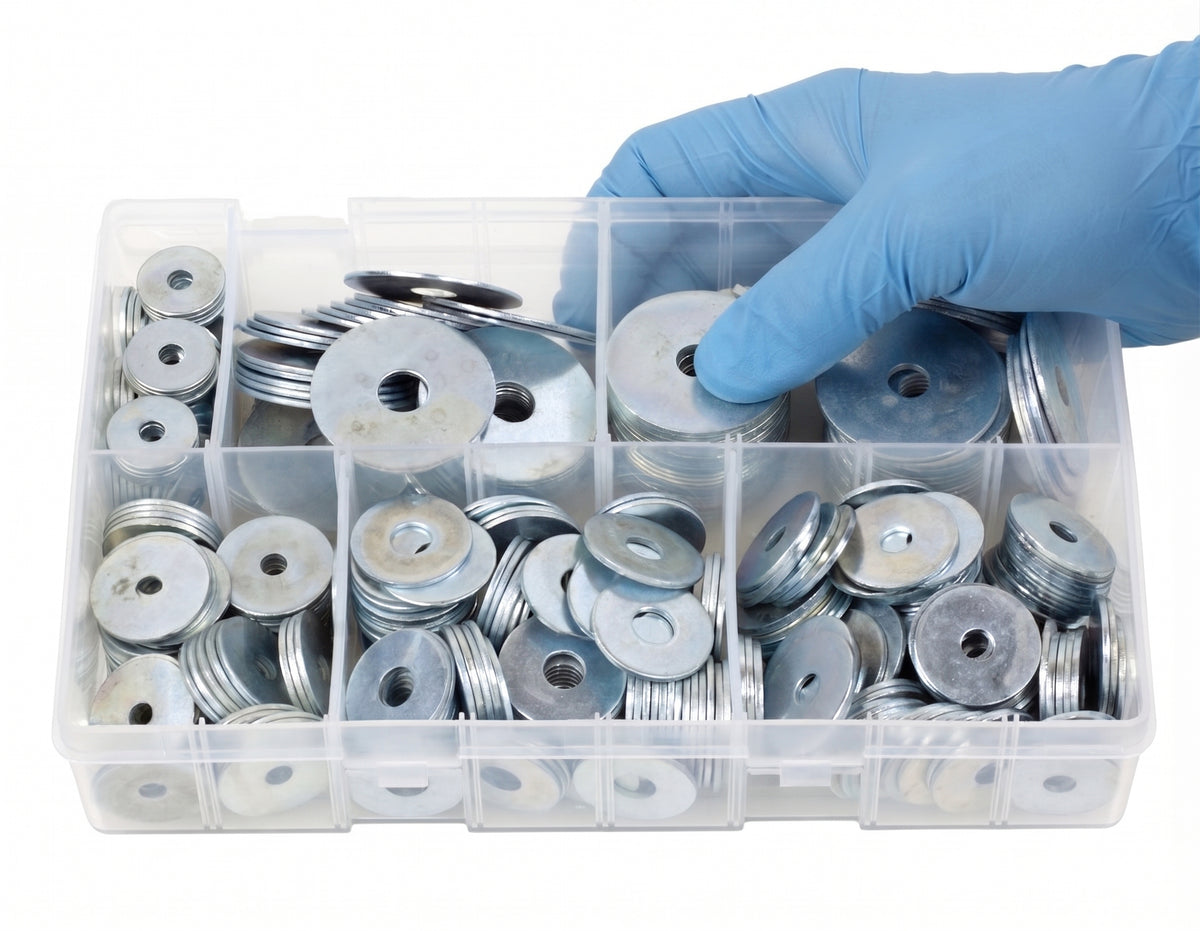 400pc Assorted Repair Washers Box - Penny Mudguard, M5 to M10