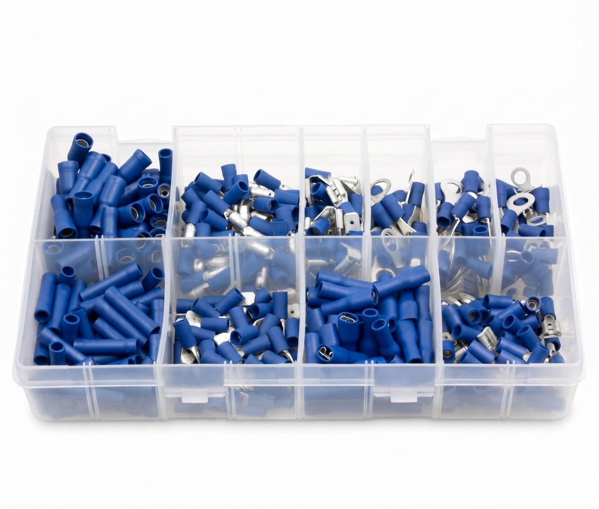 400pc Assorted Blue Crimp Terminals Box - 10 Types, 1.5-2.5mm