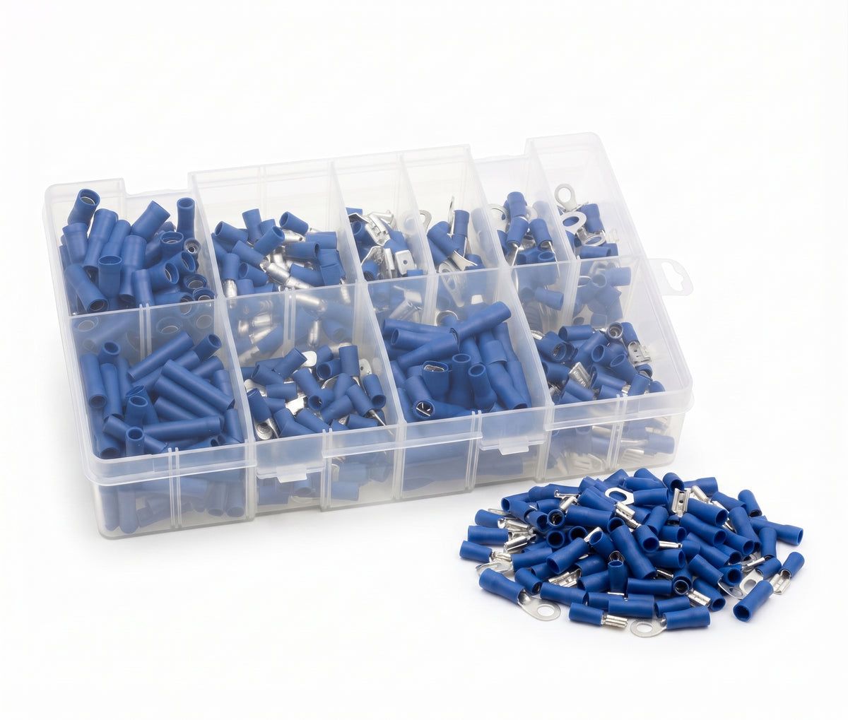 400pc Assorted Blue Crimp Terminals Box - 10 Types, 1.5-2.5mm