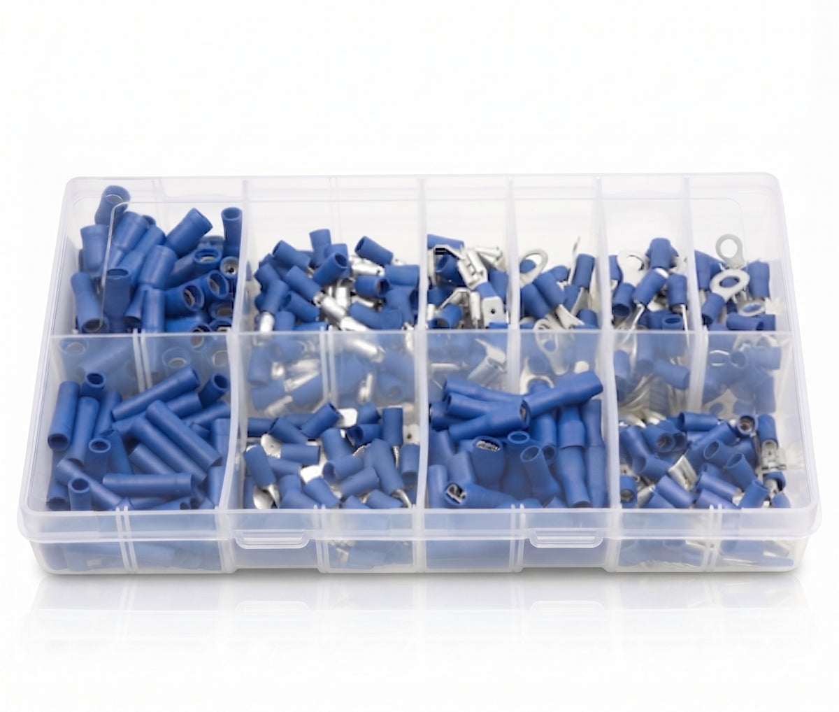 400pc Assorted Blue Crimp Terminals Box - 10 Types, 1.5-2.5mm