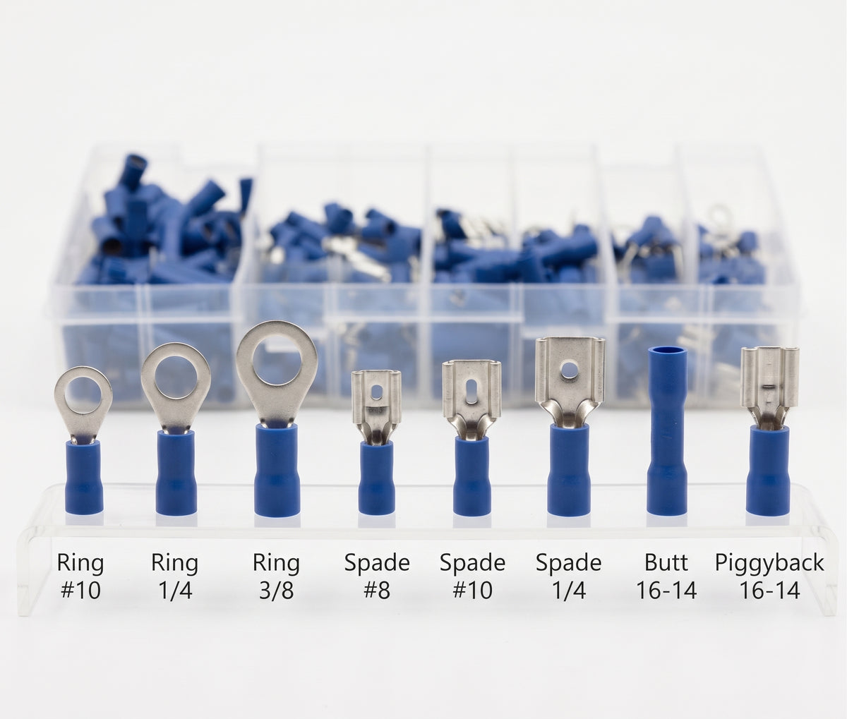 400pc Assorted Blue Crimp Terminals Box - 10 Types, 1.5-2.5mm