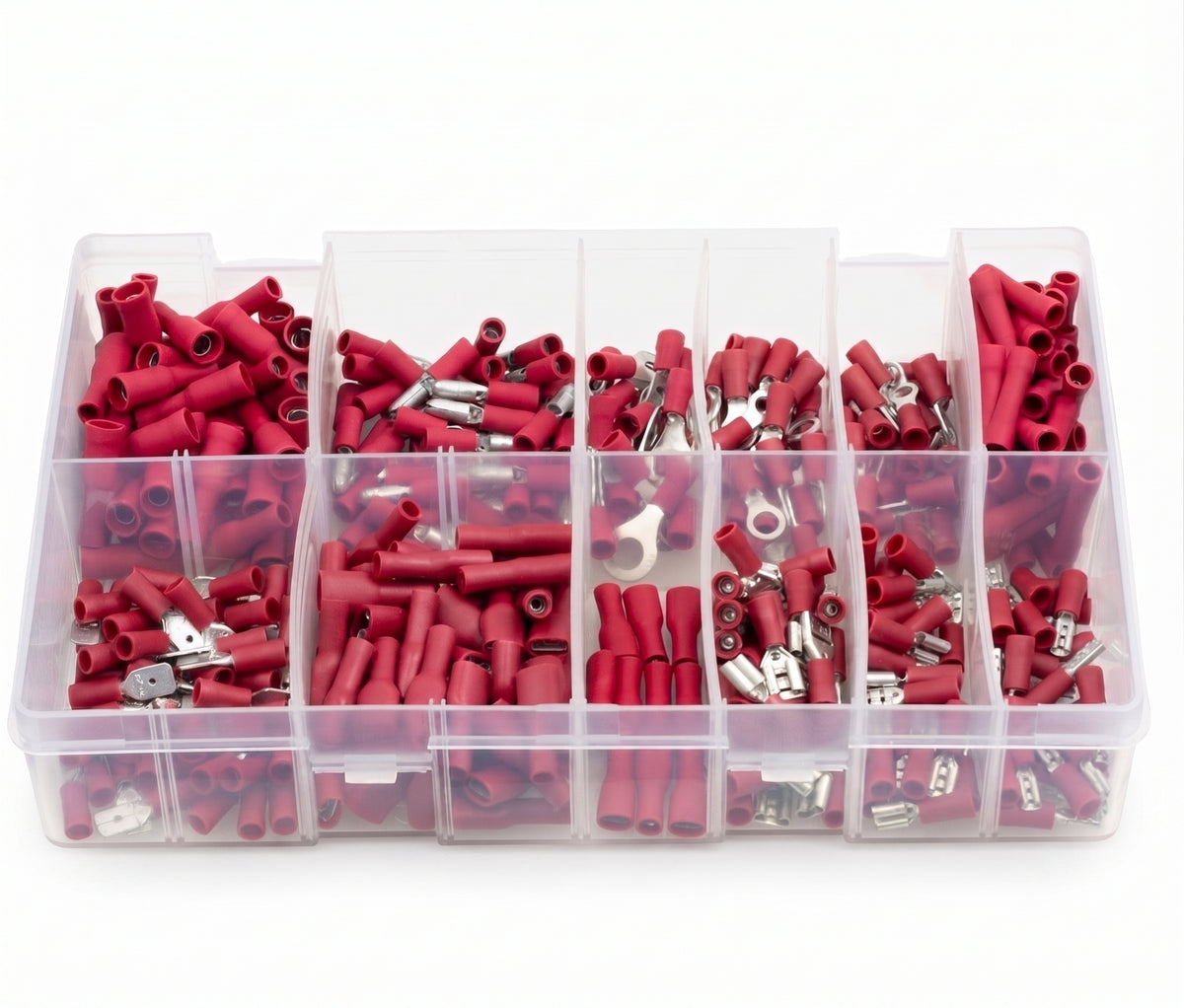 400pc Assorted Red Crimp Terminals Box - 12 Types, 0.5-1.5mm