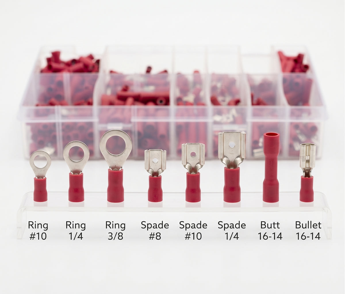 400pc Assorted Red Crimp Terminals Box - 12 Types, 0.5-1.5mm
