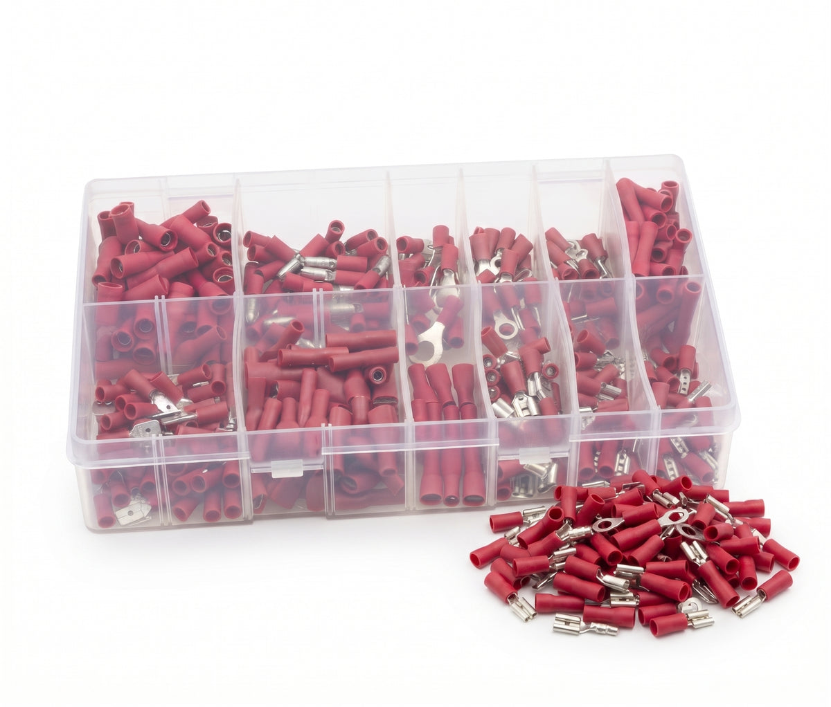 400pc Assorted Red Crimp Terminals Box - 12 Types, 0.5-1.5mm