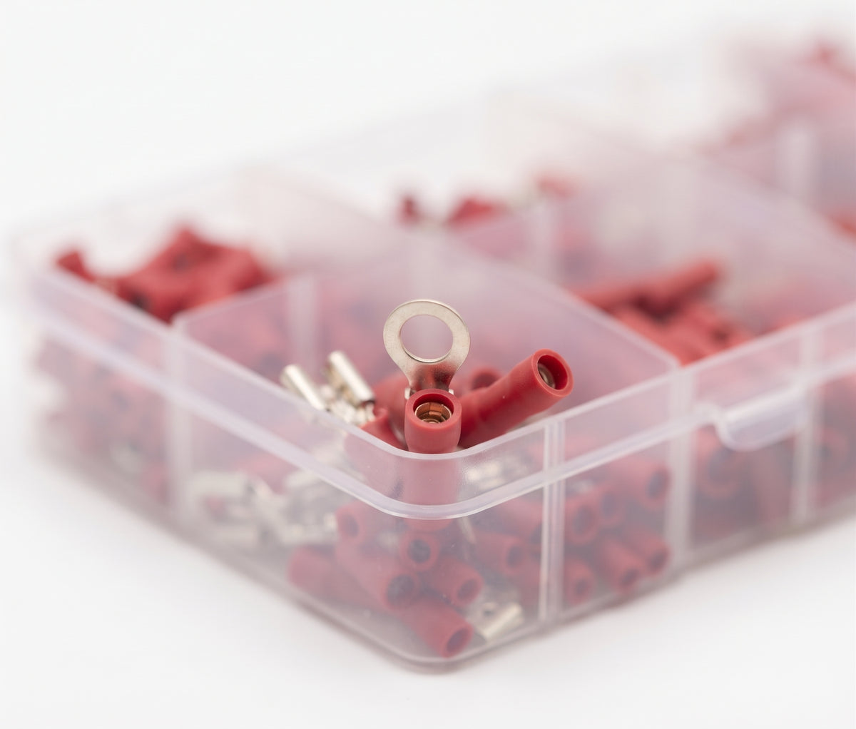 400pc Assorted Red Crimp Terminals Box - 12 Types, 0.5-1.5mm