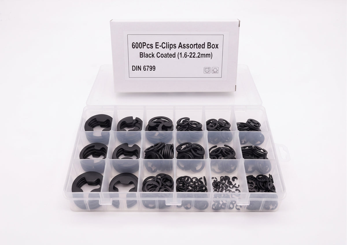 600pc Assorted E-Clips Box - E-Rings, 1.6mm to 22.2mm