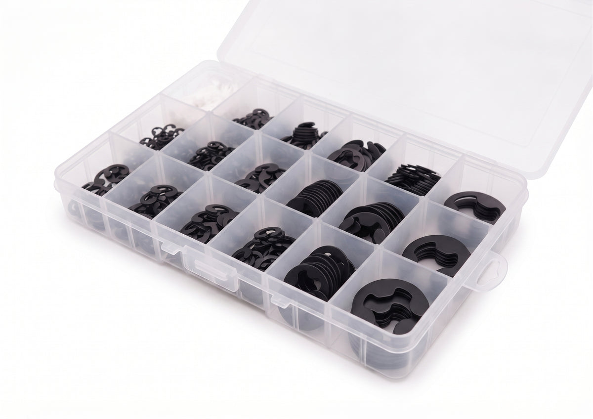 600pc Assorted E-Clips Box - E-Rings, 1.6mm to 22.2mm