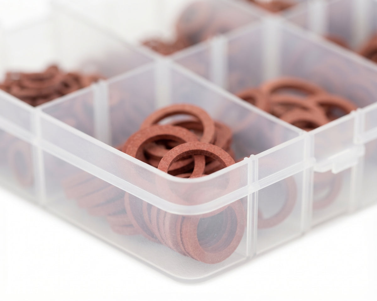 610pc Assorted Fibre Washers Box - Red Sealing Washers, 12 Sizes
