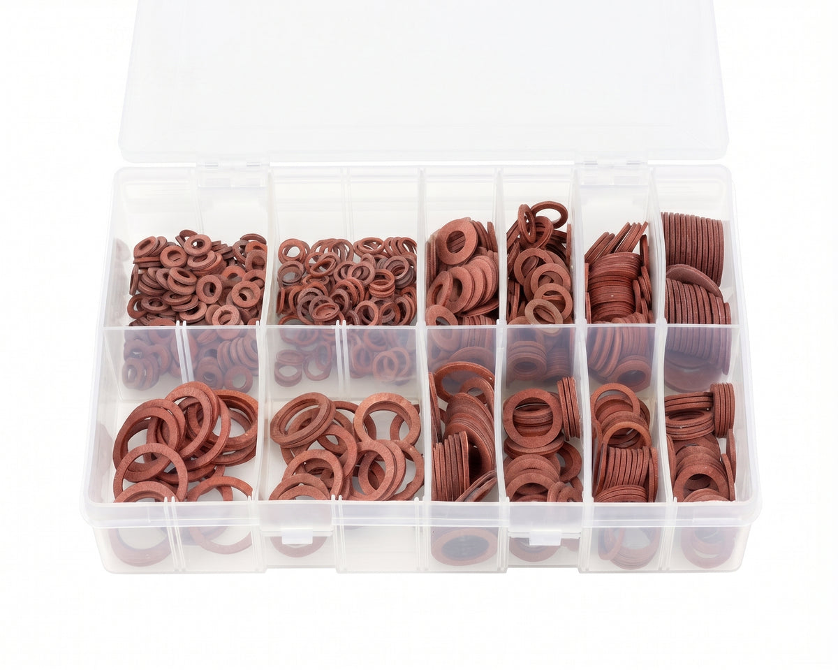 610pc Assorted Fibre Washers Box - Red Sealing Washers, 12 Sizes