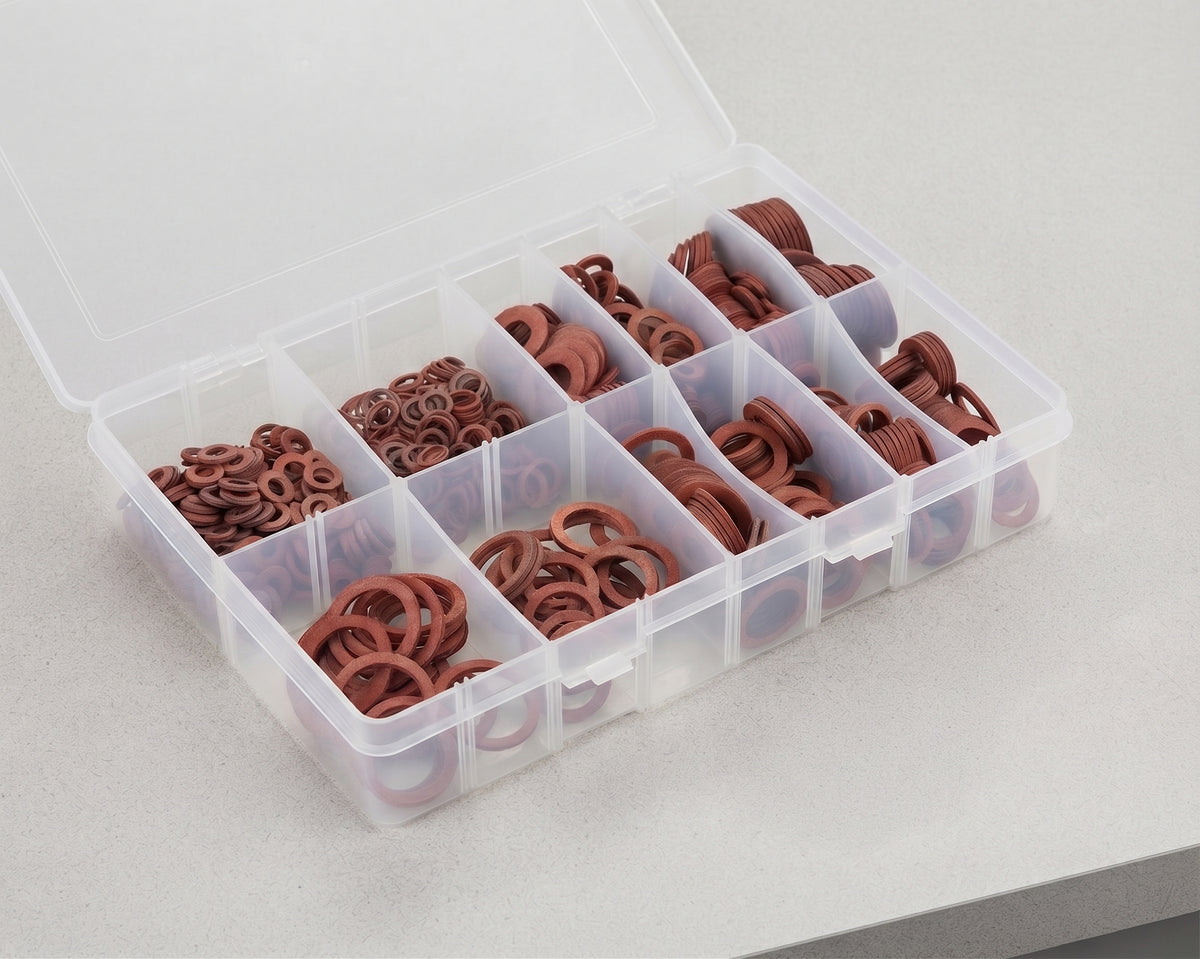 610pc Assorted Fibre Washers Box - Red Sealing Washers, 12 Sizes