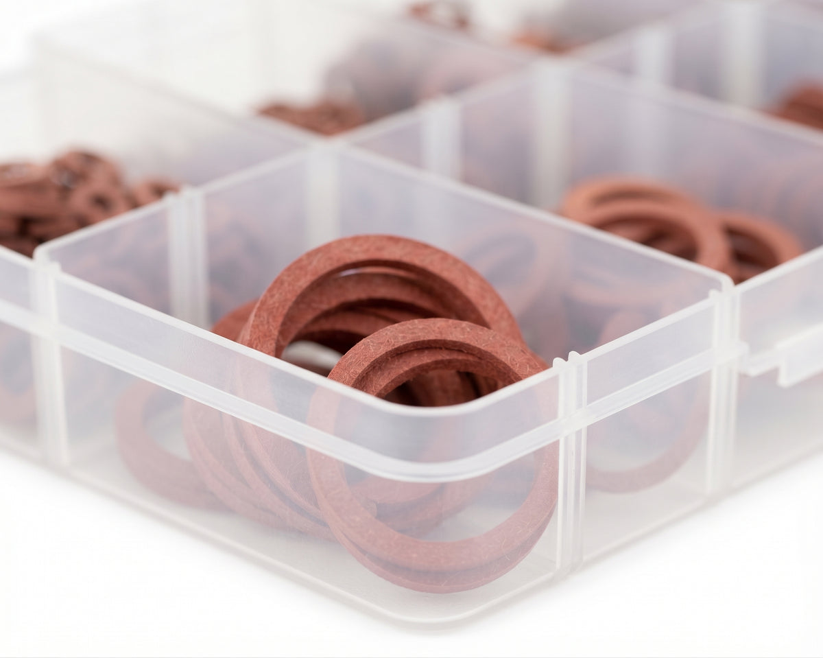 610pc Assorted Fibre Washers Box - Red Sealing Washers, 12 Sizes