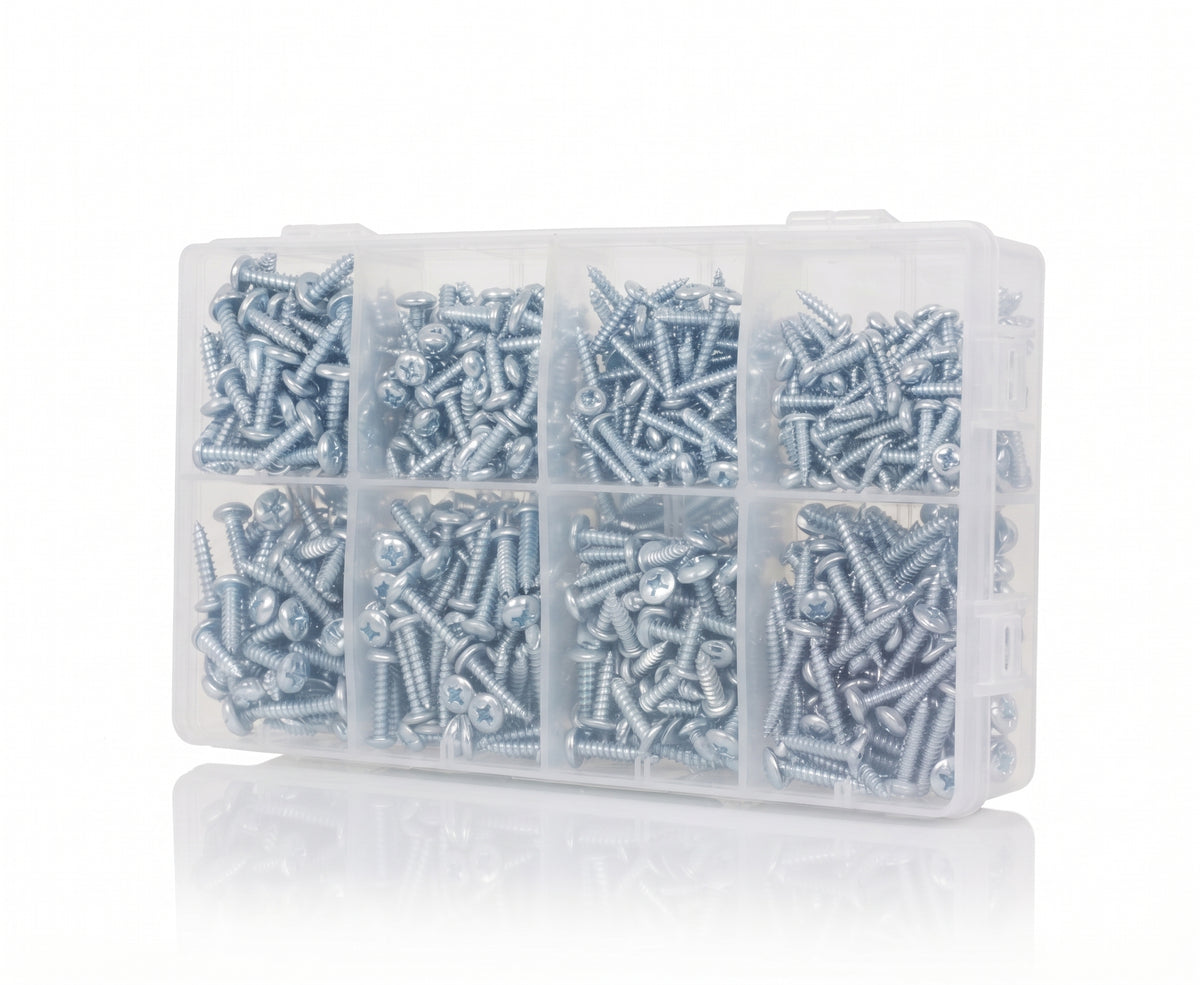 800pc Assorted Self Tapping Screws Box - Pan Head Pozi, No 6 to 12