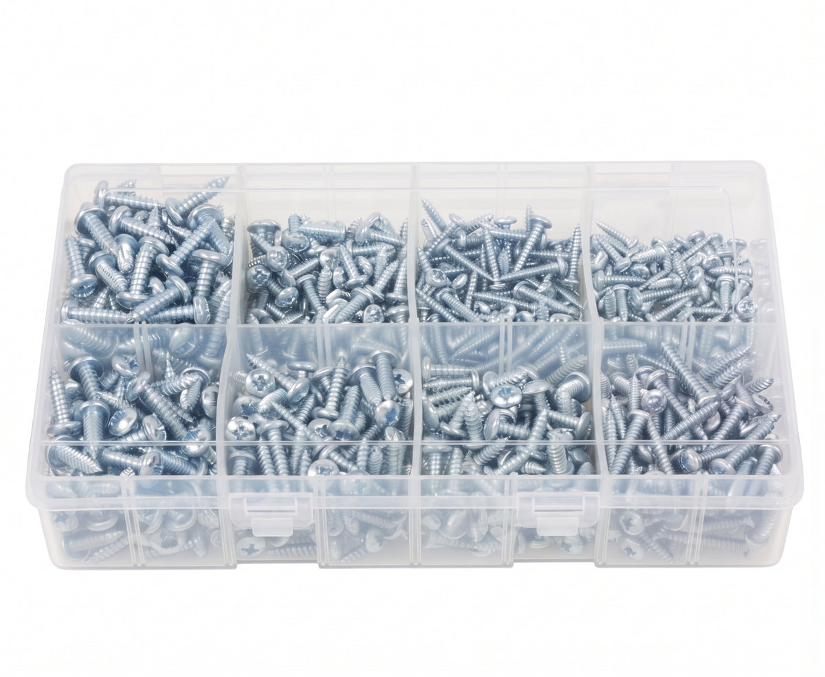 800pc Assorted Self Tapping Screws Box - Pan Head Pozi, No 6 to 12